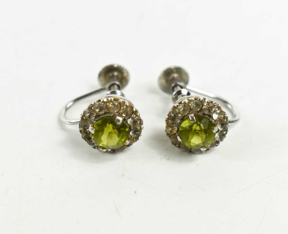 A pair of 9ct white gold and lime green stone, and white paste border, 2.85g. - Image 2 of 3