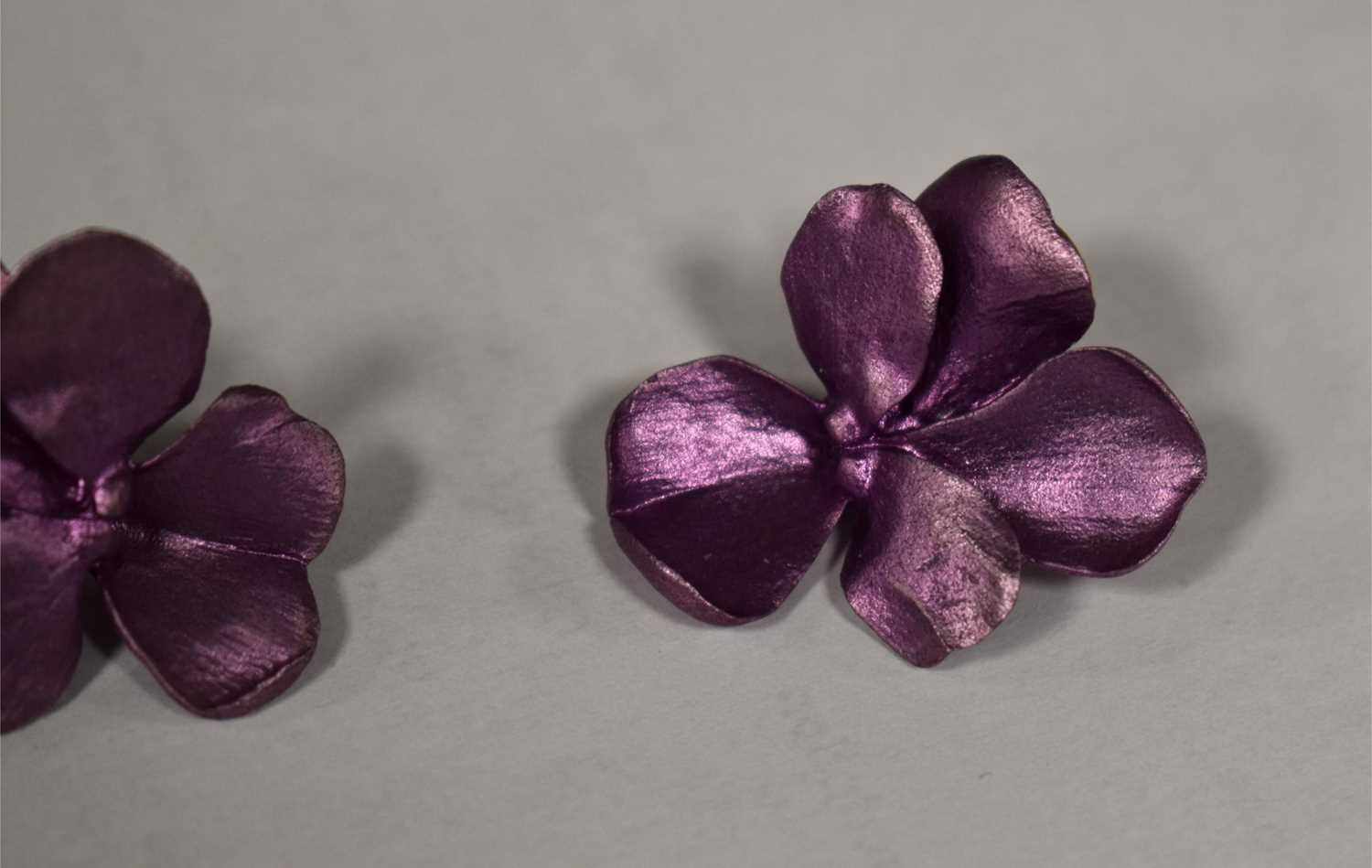A pair of JAR, Joel Arthur Rosenthal pansy earrings, in signature purple enamel on aluminium with - Image 5 of 7