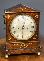 A Regency rosewood and brass inlaid bracket clock by J. Savory, the Roman numeral silvered dial