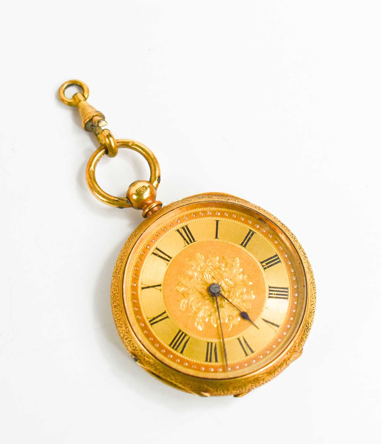 An 18ct gold ladies pocket watch, 19th century, the gold Roman numeral dial with machine engraved