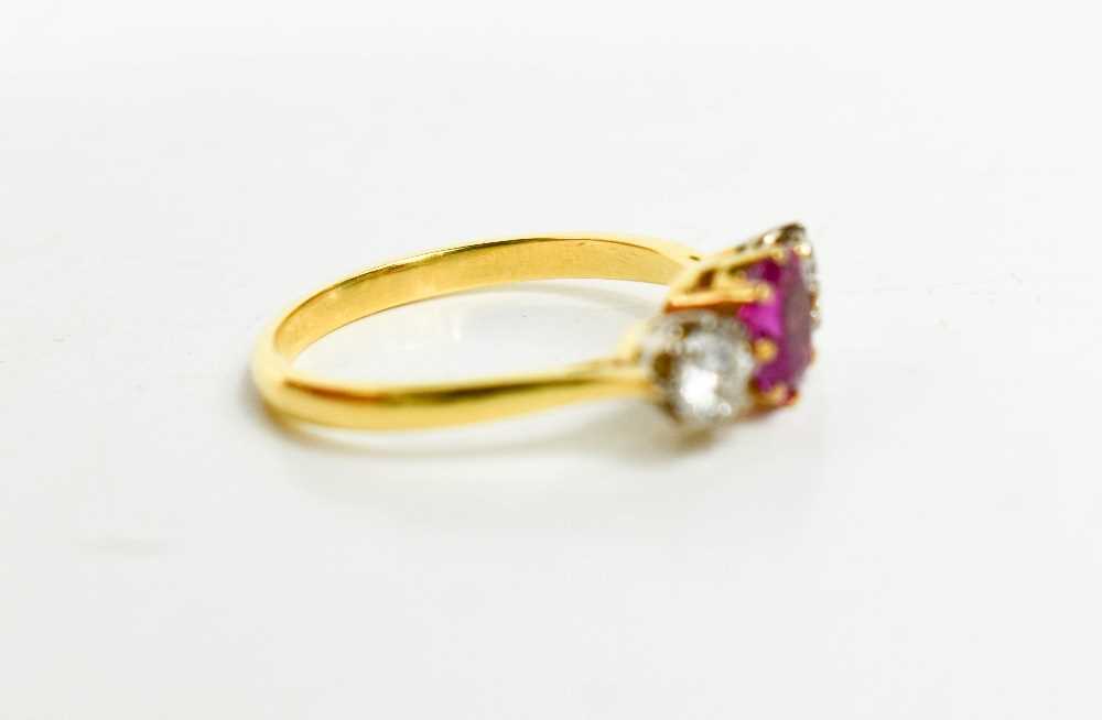 A 9ct gold, diamond and pink sapphire ring, the central sapphire approximately 1ct, the flanking - Image 3 of 4