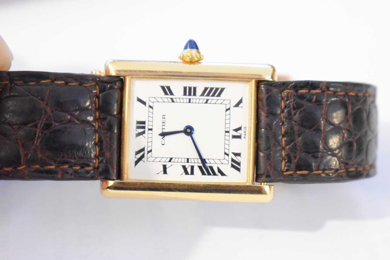 An 18ct gold cased Cartier tank watch, the signed white rectangular dial with Roman numerals and - Image 10 of 14