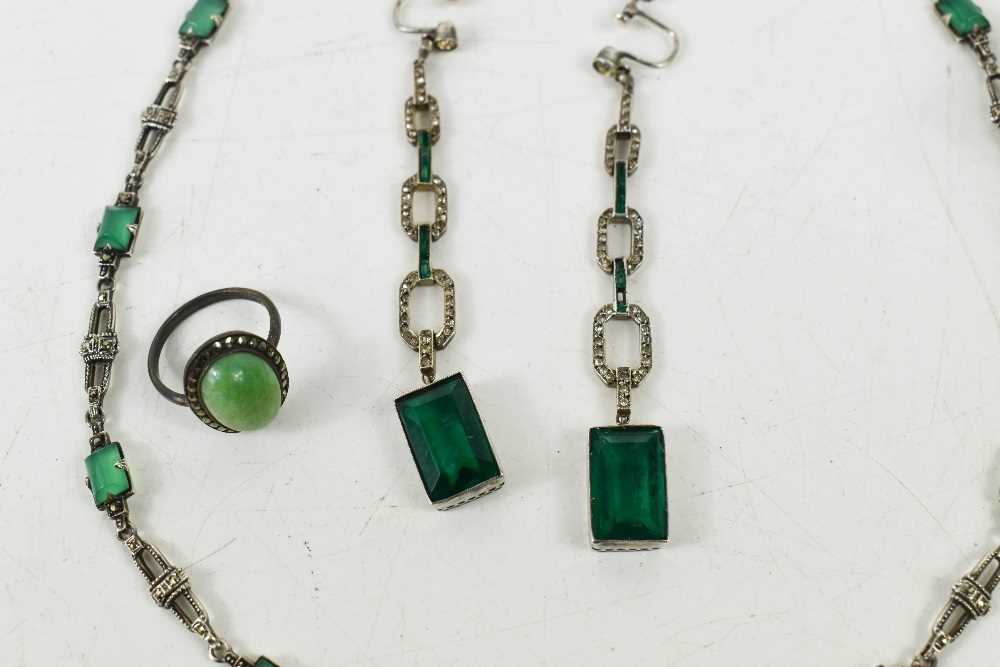 An Art Deco Continental 935 silver and green glass pendant necklace with similar earrings. - Image 2 of 6