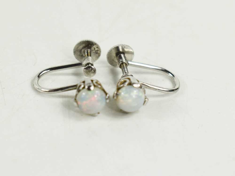 A pair of 9ct white gold and opal earrings, with screw on backs, 2.14g. - Image 2 of 2