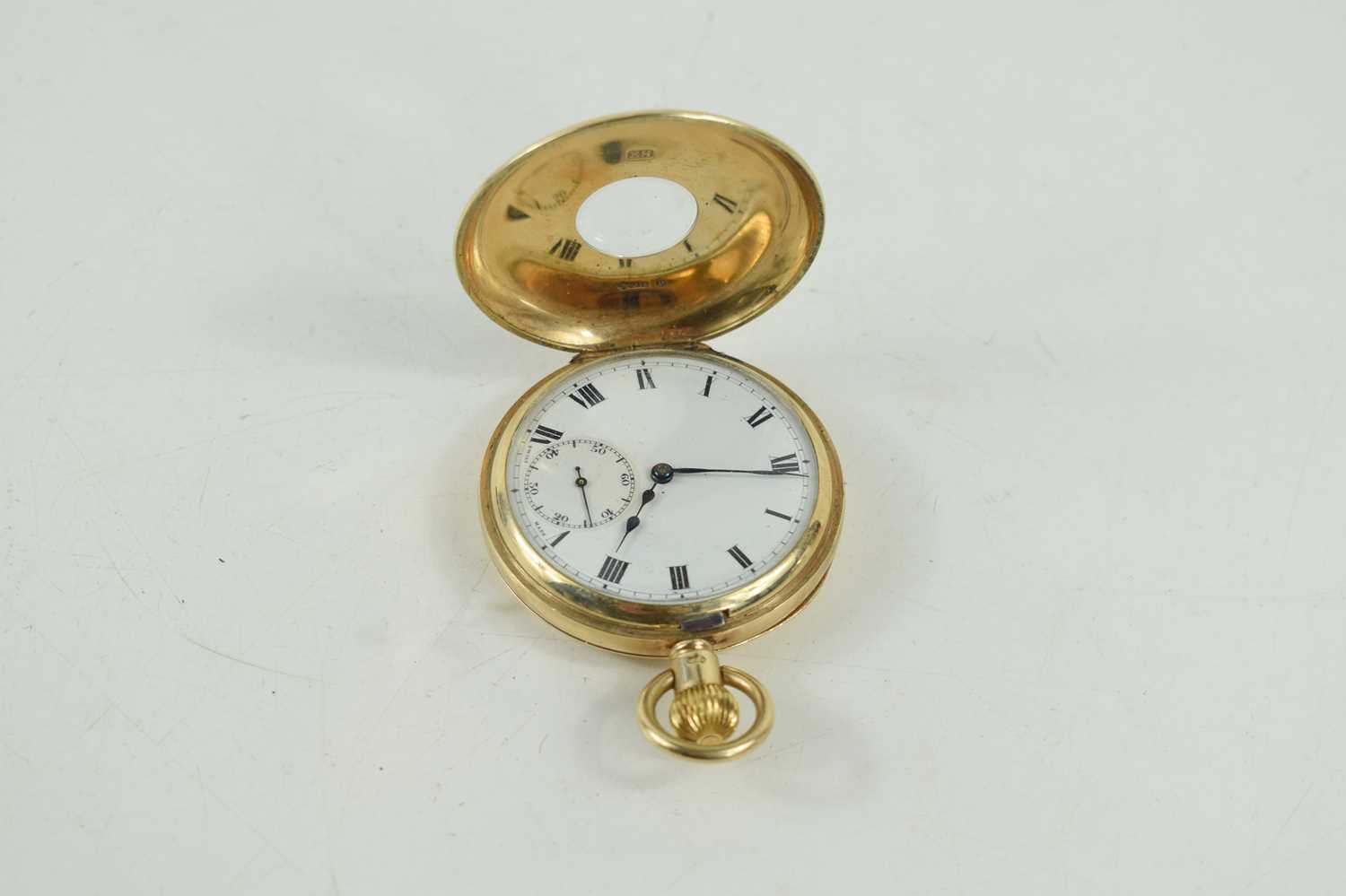 A Tavannes Watch Co, keyless wind, 9ct gold, half hunter, pocket watch, the white enamel dial with - Image 2 of 4