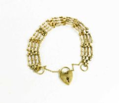 A 9ct gold gate link bracelet, with heart shaped padlock clasp, 10.1g.