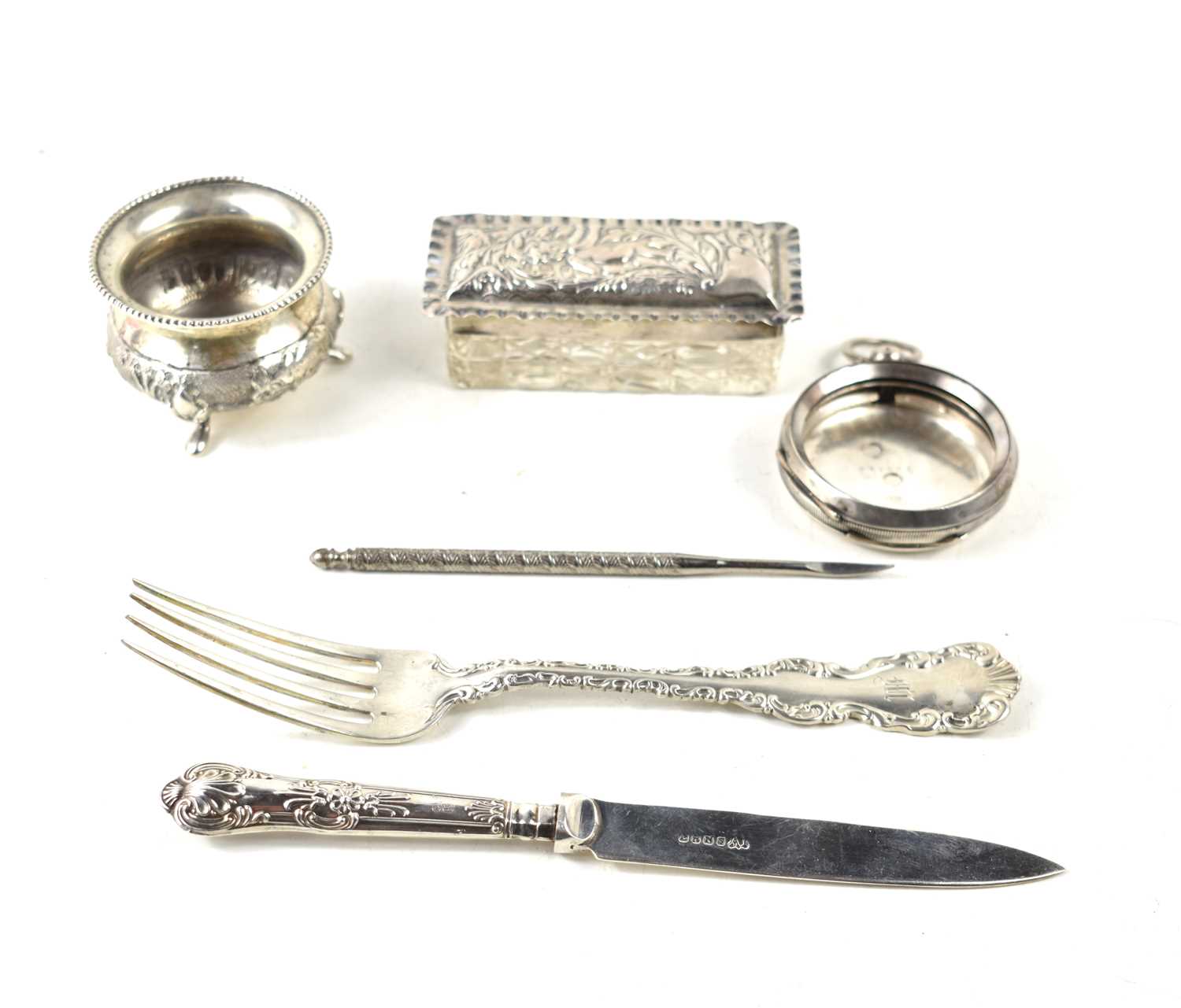 A group of silver to include a pocket watch case, fork, silver handled knife, mustard pot, silver