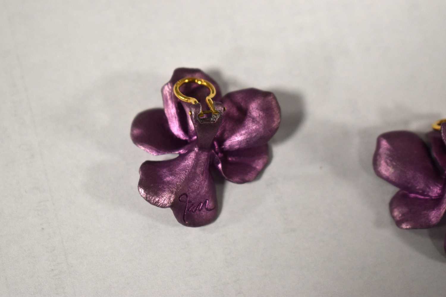 A pair of JAR, Joel Arthur Rosenthal pansy earrings, in signature purple enamel on aluminium with - Image 7 of 7