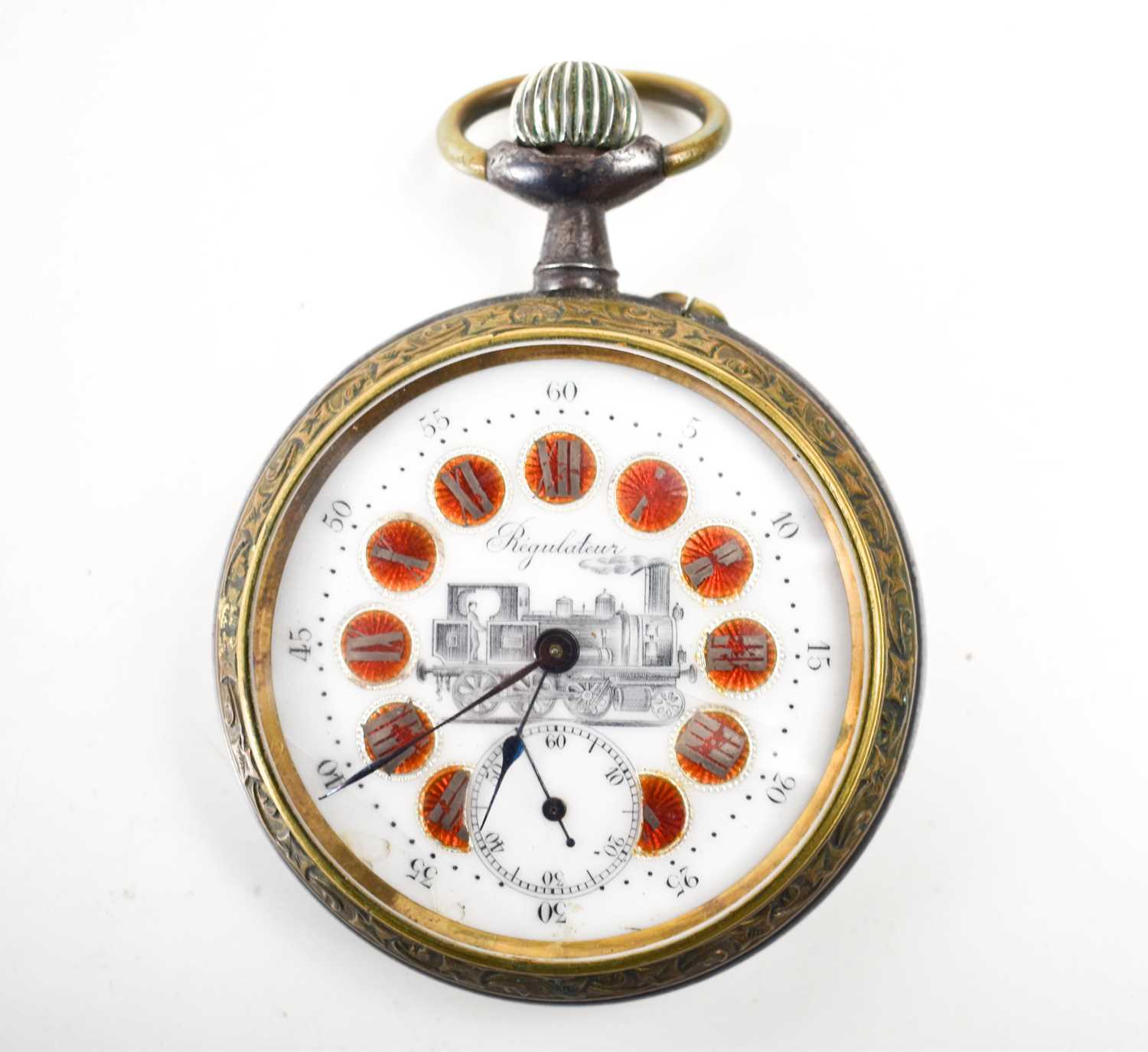 A large Ancre Double Plateau regulator pocket watch, with locomotive enamel face.