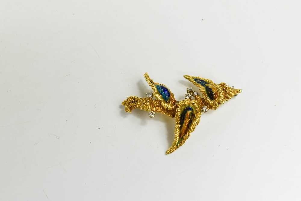 An 18ct gold, diamond and enamel brooch, in a modernist foliate form, composed of three 'leaves' - Image 5 of 5