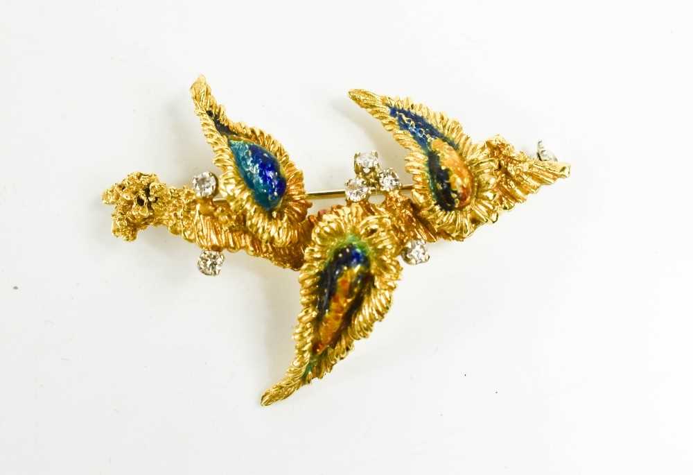 An 18ct gold, diamond and enamel brooch, in a modernist foliate form, composed of three 'leaves' - Image 4 of 5