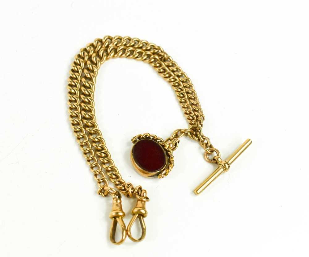 A 9ct rose gold curb link Albert, with T bar and agate and bloodstone set swivel fob, 42cm long, - Image 2 of 2