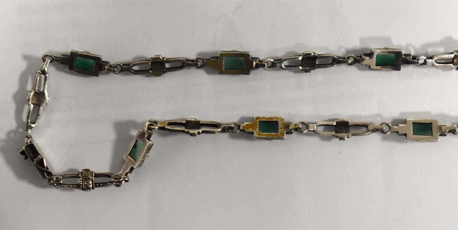 An Art Deco Continental 935 silver and green glass pendant necklace with similar earrings. - Image 6 of 6