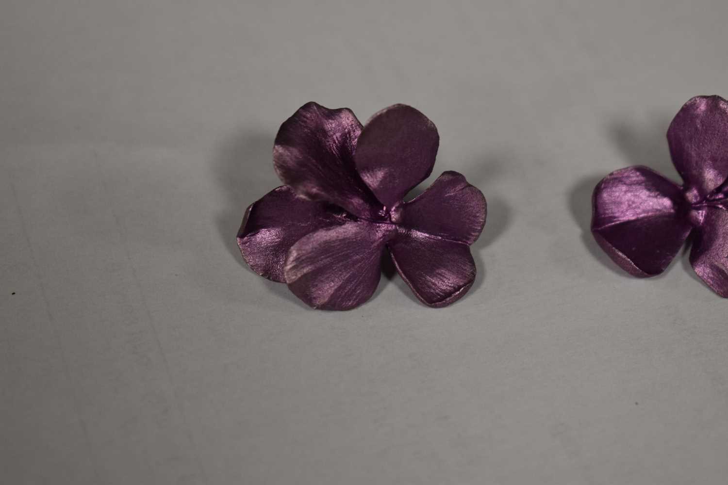 A pair of JAR, Joel Arthur Rosenthal pansy earrings, in signature purple enamel on aluminium with - Image 4 of 7