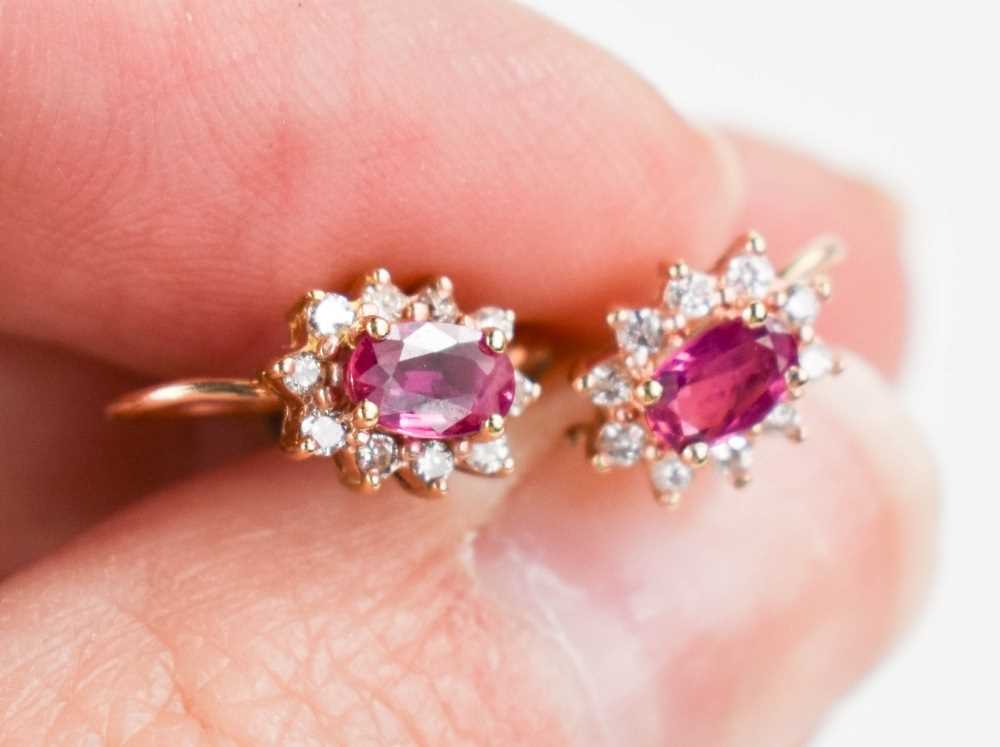 A pair of 9ct gold, pink sapphire and diamond earrings, 1.61g, - Image 3 of 3