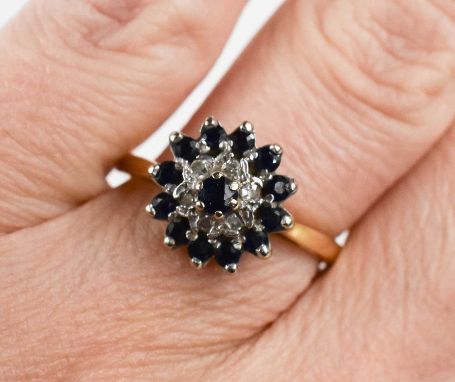An 18ct gold cluster ring, set with small dark and white stones, size P, 4.5g. - Image 2 of 2