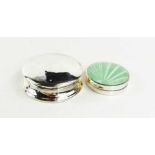 A silver and enamelled vintage compact, with sunburst pale green guilloche enamel to the lid,