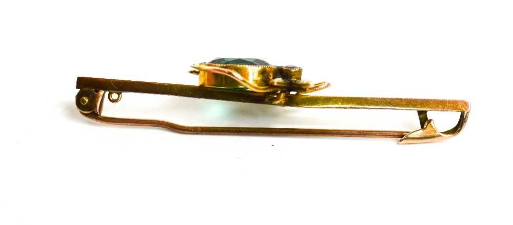 A 9ct gold, pink sapphire, seed pearl and green stone (possibly tourmaline) bar brooch, in the - Image 2 of 3