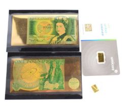 A 1g gold ingot, 999,9 purity encased in a certificated plastic card together with a further 1g gold