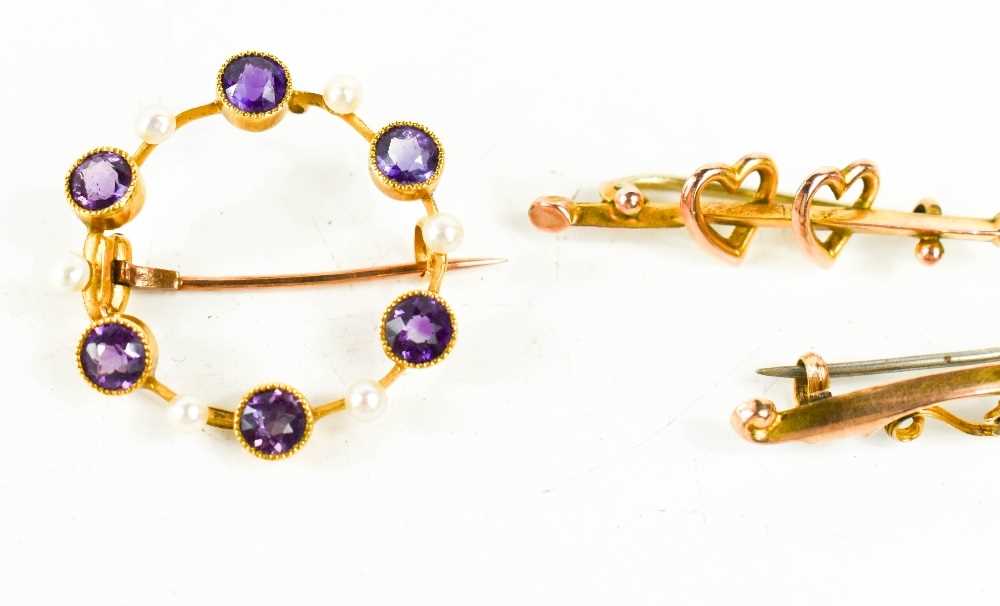 A 15ct gold, amethyst and pearl circular brooch, together with two seed pearl sweetheart brooches, - Image 2 of 2