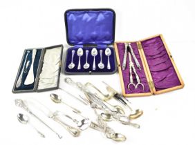 A group of silver and plate to include a set of six silver teaspoons, silver handled button hook and