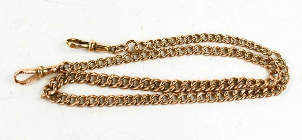 A 9ct gold curb link Albert with two crab claw clasps, 41cm long, 20.1g.