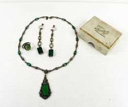 An Art Deco Continental 935 silver and green glass pendant necklace with similar earrings.