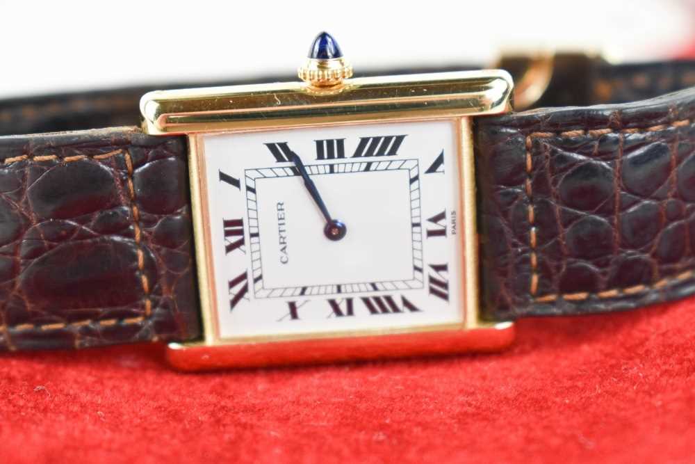 An 18ct gold cased Cartier tank watch, the signed white rectangular dial with Roman numerals and - Image 4 of 14