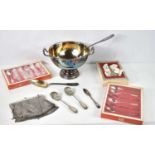 A group of silver and plated items to include two Bailey and Co silver serving spoons, silver fish