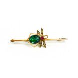 A 9ct gold, pink sapphire, seed pearl and green stone (possibly tourmaline) bar brooch, in the