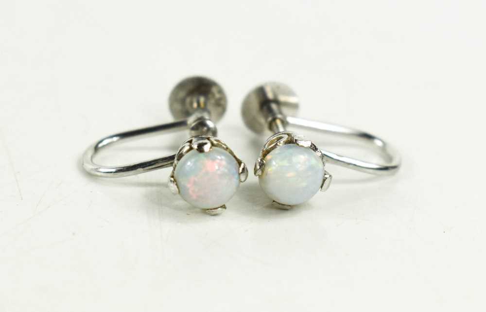 A pair of 9ct white gold and opal earrings, with screw on backs, 2.14g.