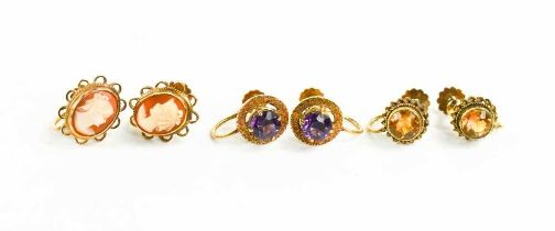 Three pairs of earrings: a pair of 9ct gold and citrine, 9ct gold cameo, and gold plated and