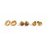Three pairs of earrings: a pair of 9ct gold and citrine, 9ct gold cameo, and gold plated and
