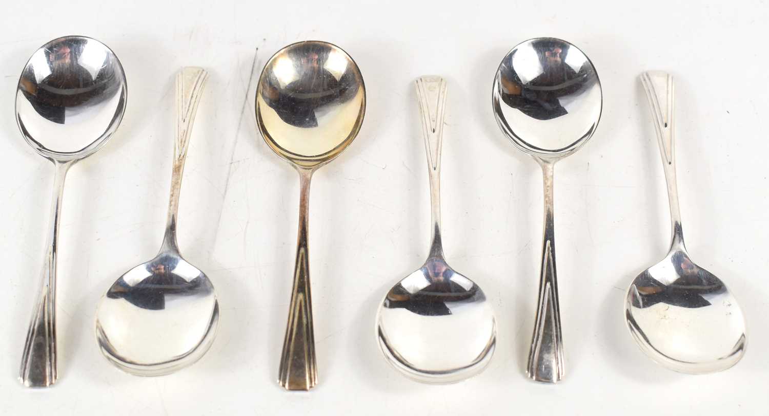 A set of six silver soup spoons, hallmarked for Israel Sigmond Greenberg, Birmingham 1937 and