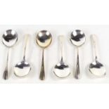 A set of six silver soup spoons, hallmarked for Israel Sigmond Greenberg, Birmingham 1937 and