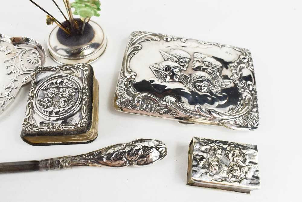 A group of Victorian style silver, including a card case with watered silk lining, dressing table - Image 2 of 3