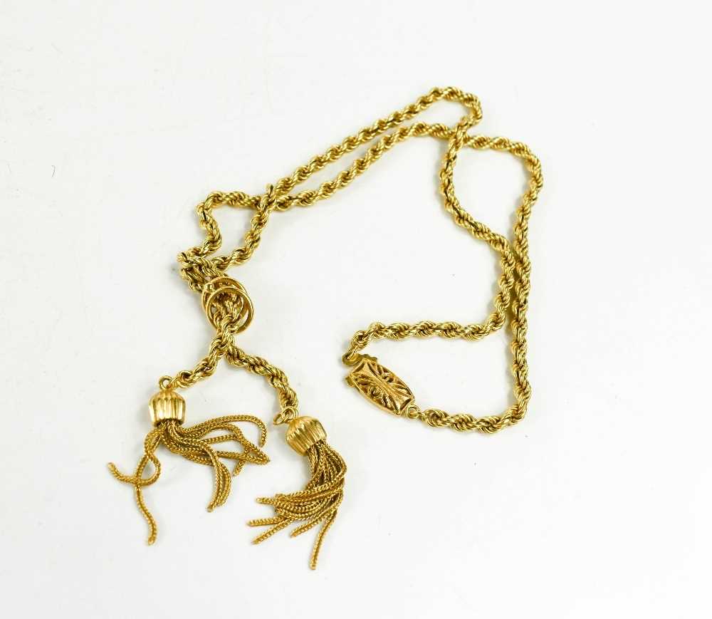 An 18ct gold double rope chain necklace with twin tassel drop and pierced clasp, 35.4g. - Image 2 of 2