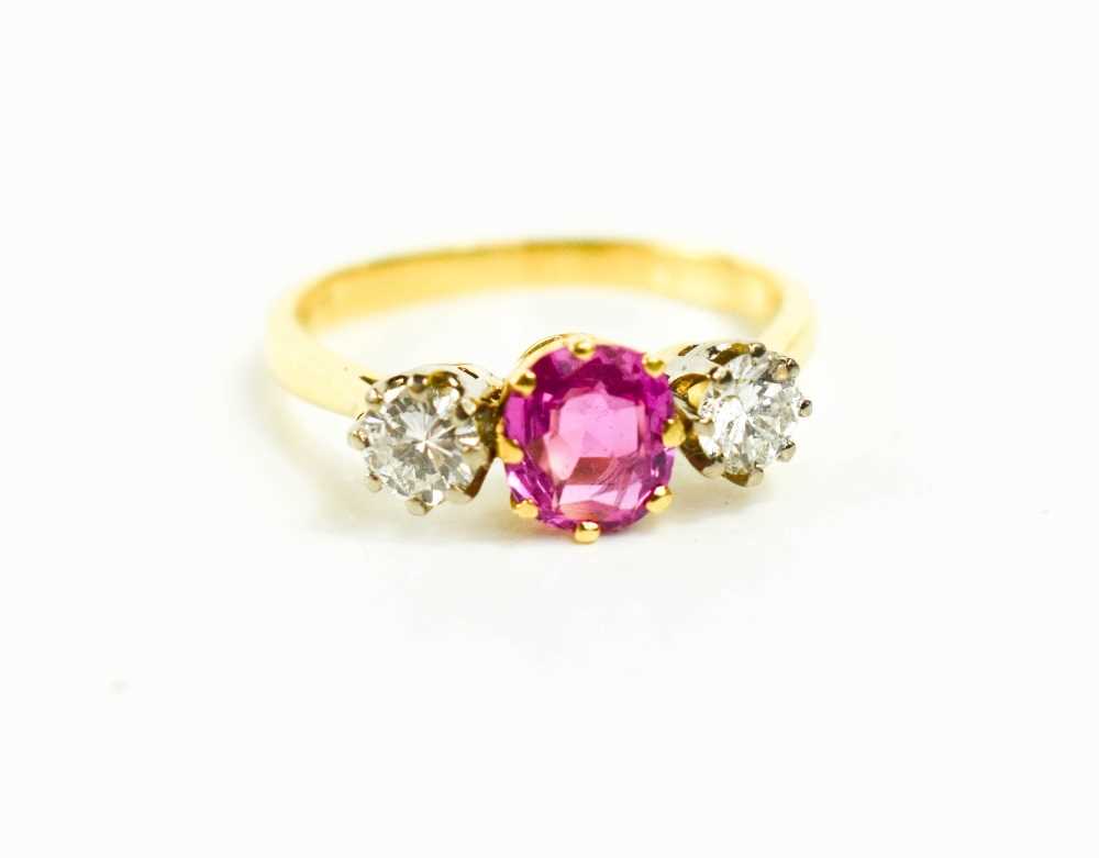 A 9ct gold, diamond and pink sapphire ring, the central sapphire approximately 1ct, the flanking - Image 2 of 4
