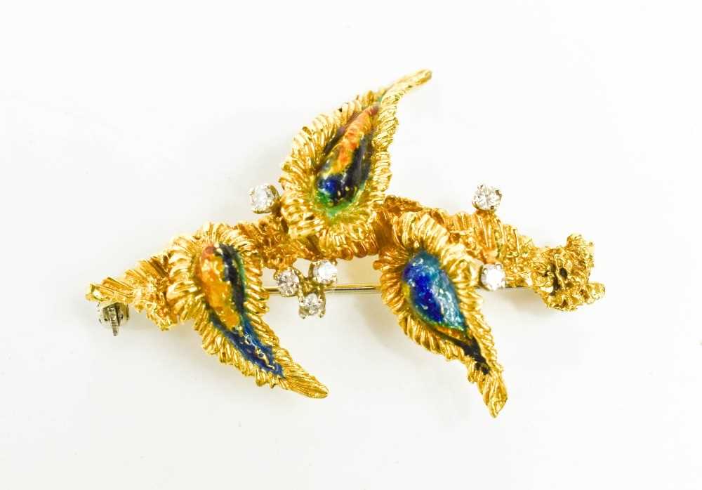 An 18ct gold, diamond and enamel brooch, in a modernist foliate form, composed of three 'leaves' - Image 2 of 5