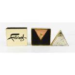 A vintage Faberge pyramid or triangle compact, in the Chellini Weave Design, boxed with spare powder