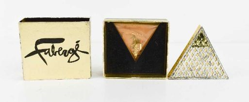 A vintage Faberge pyramid or triangle compact, in the Chellini Weave Design, boxed with spare powder