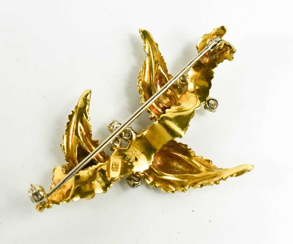 An 18ct gold, diamond and enamel brooch, in a modernist foliate form, composed of three 'leaves' - Image 3 of 5