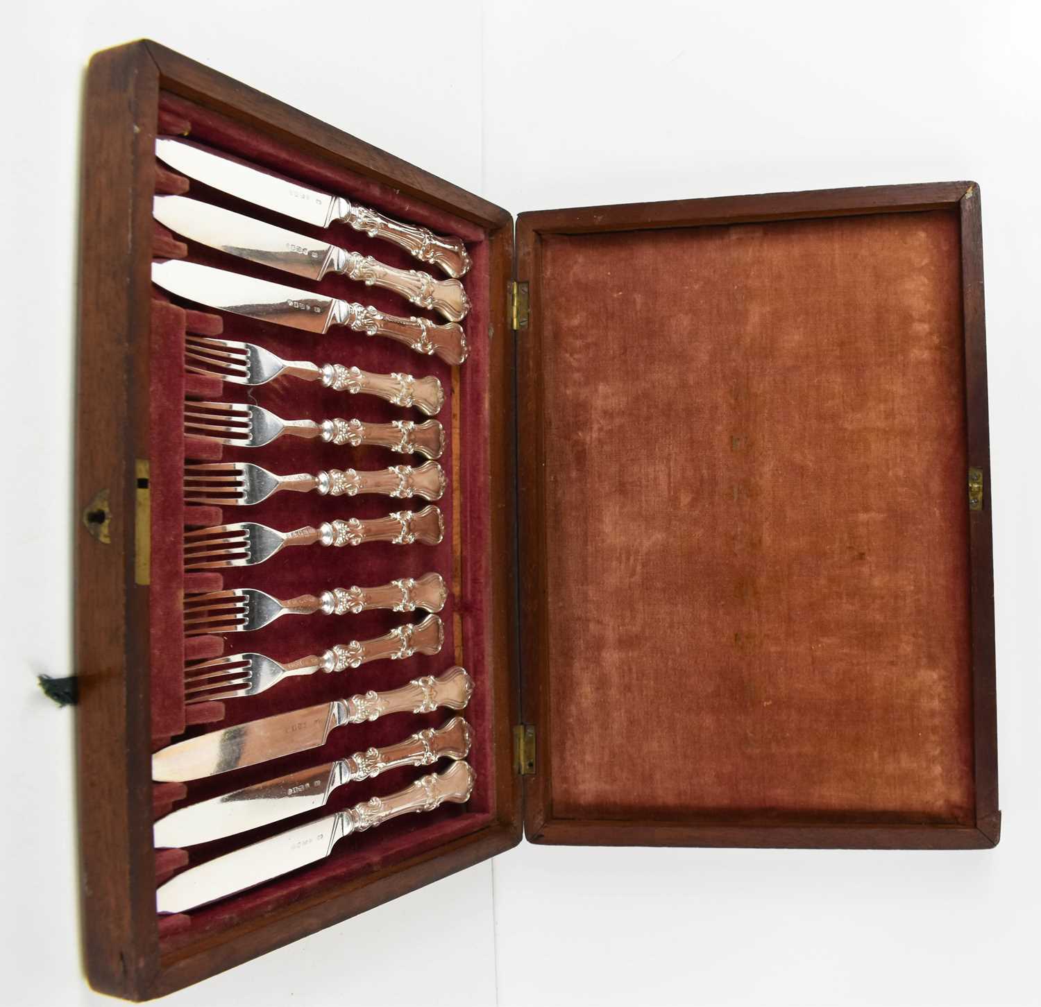 A 19th century set of silver handled knives and forks, six of each, in the original mahogany - Image 2 of 2