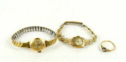 A 9ct gold sapphire and diamond flowerhead ring, size P, 1.21g, a 9ct gold cased lady's watch with