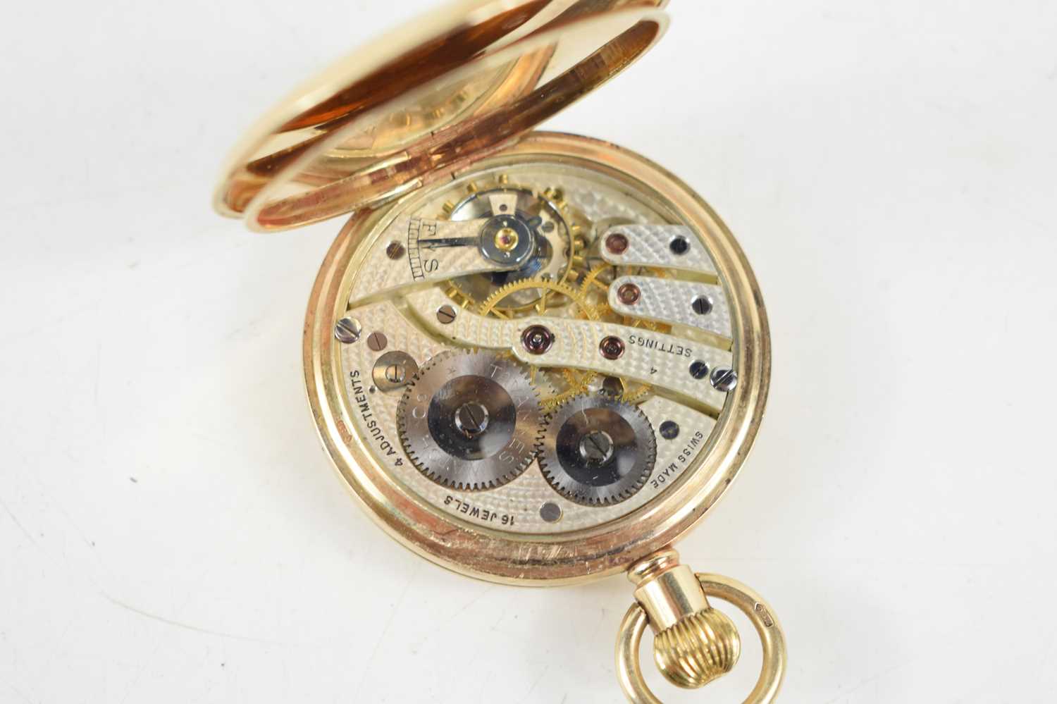A Tavannes Watch Co, keyless wind, 9ct gold, half hunter, pocket watch, the white enamel dial with - Image 3 of 4