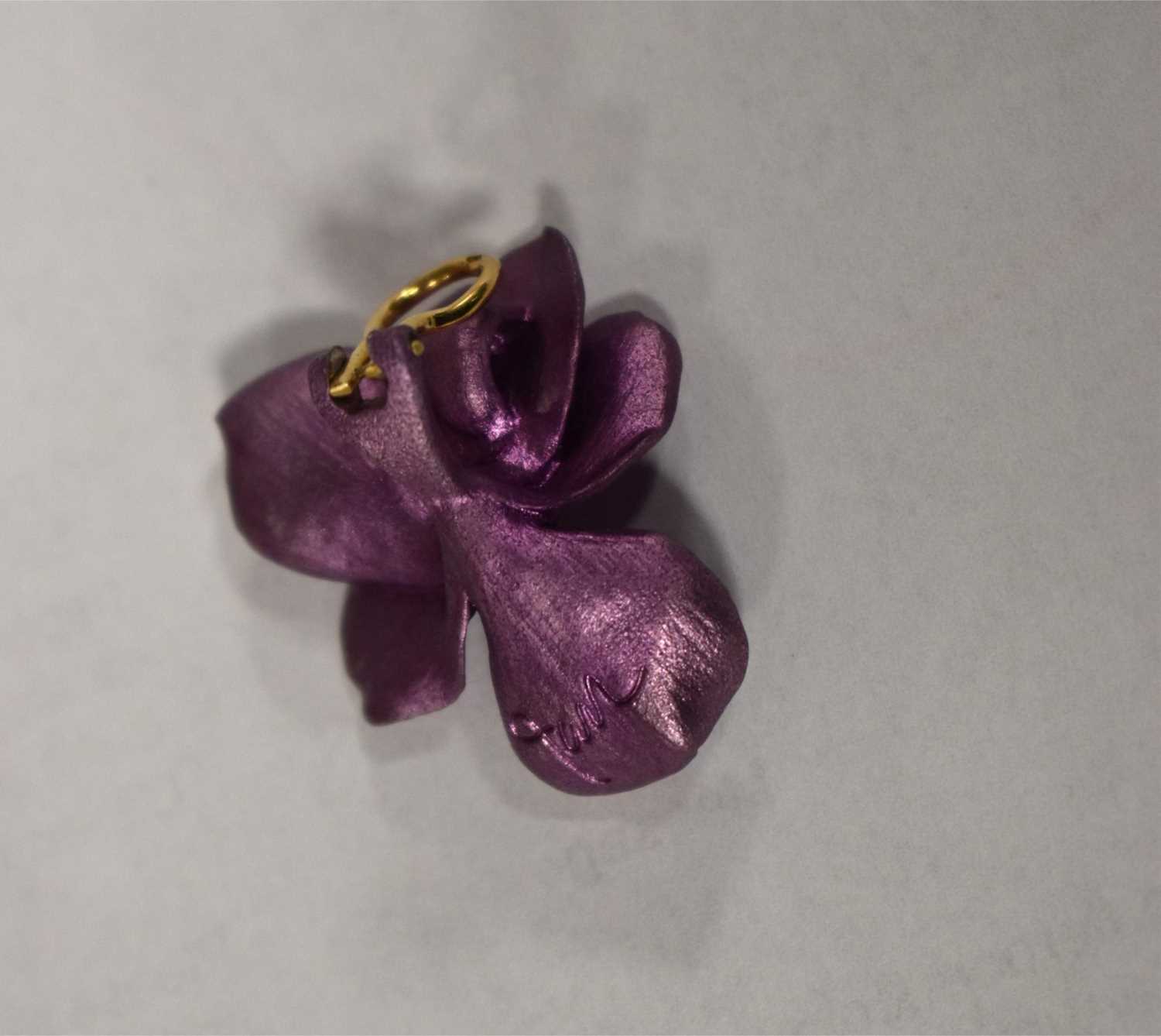 A pair of JAR, Joel Arthur Rosenthal pansy earrings, in signature purple enamel on aluminium with - Image 6 of 7