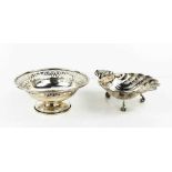 A small silver pedestal dish, with decoratively pierced edge, Birmingham 3.5toz, together with a