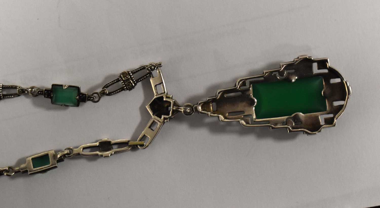 An Art Deco Continental 935 silver and green glass pendant necklace with similar earrings. - Image 3 of 6