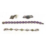 A silver and amethyst set bracelet, a 19th century pendant brooch set with seed pearl and blue glass