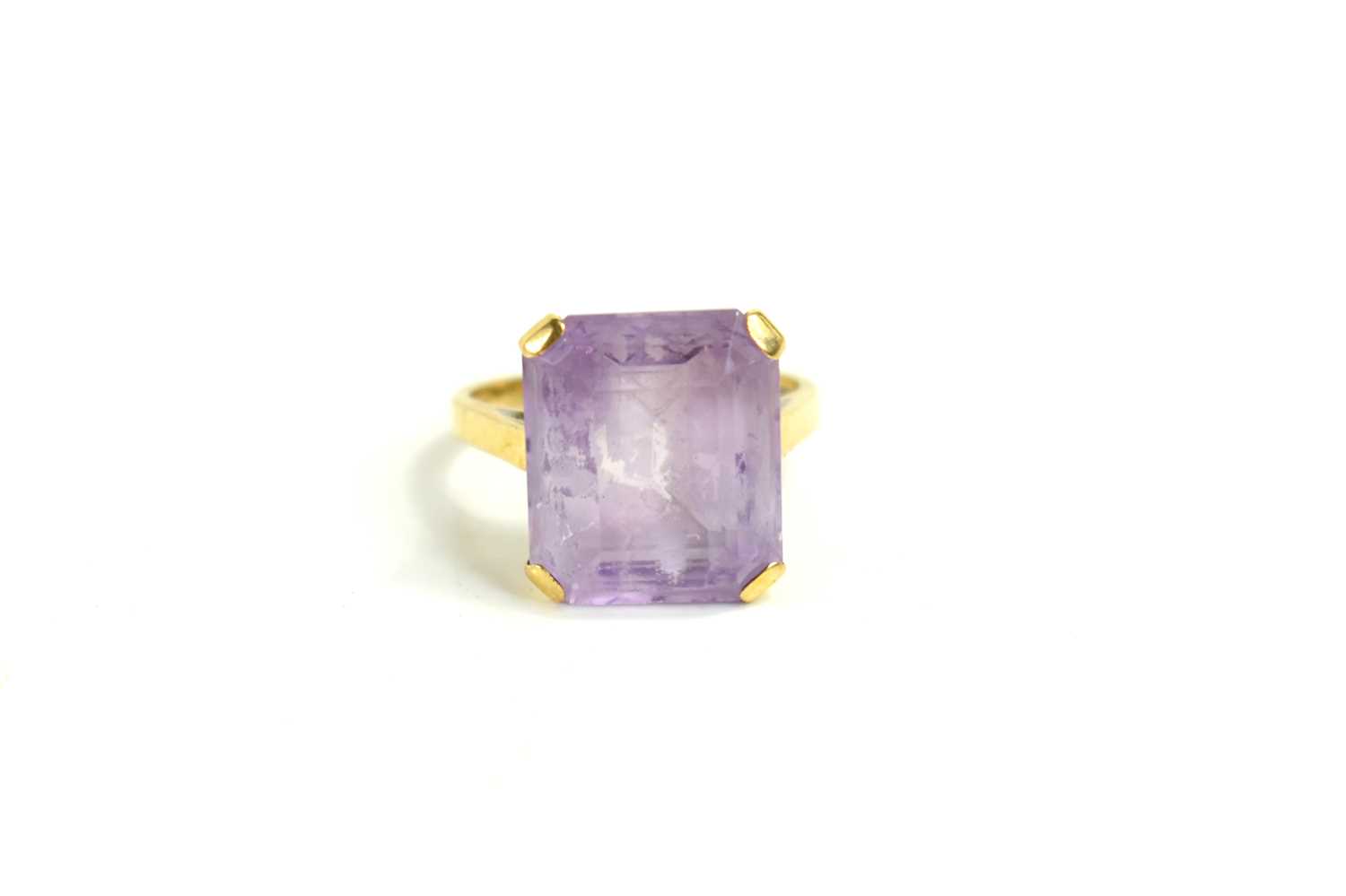 A 9ct gold and amethyst dress ring, the emerald cut amethyst of approximately 14 by 12mm, size I/ - Image 2 of 2